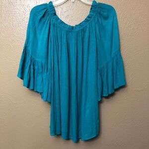 Fashion Fuse Blouse Size Small Flare Sleeves Scoop Neck Teal Blue